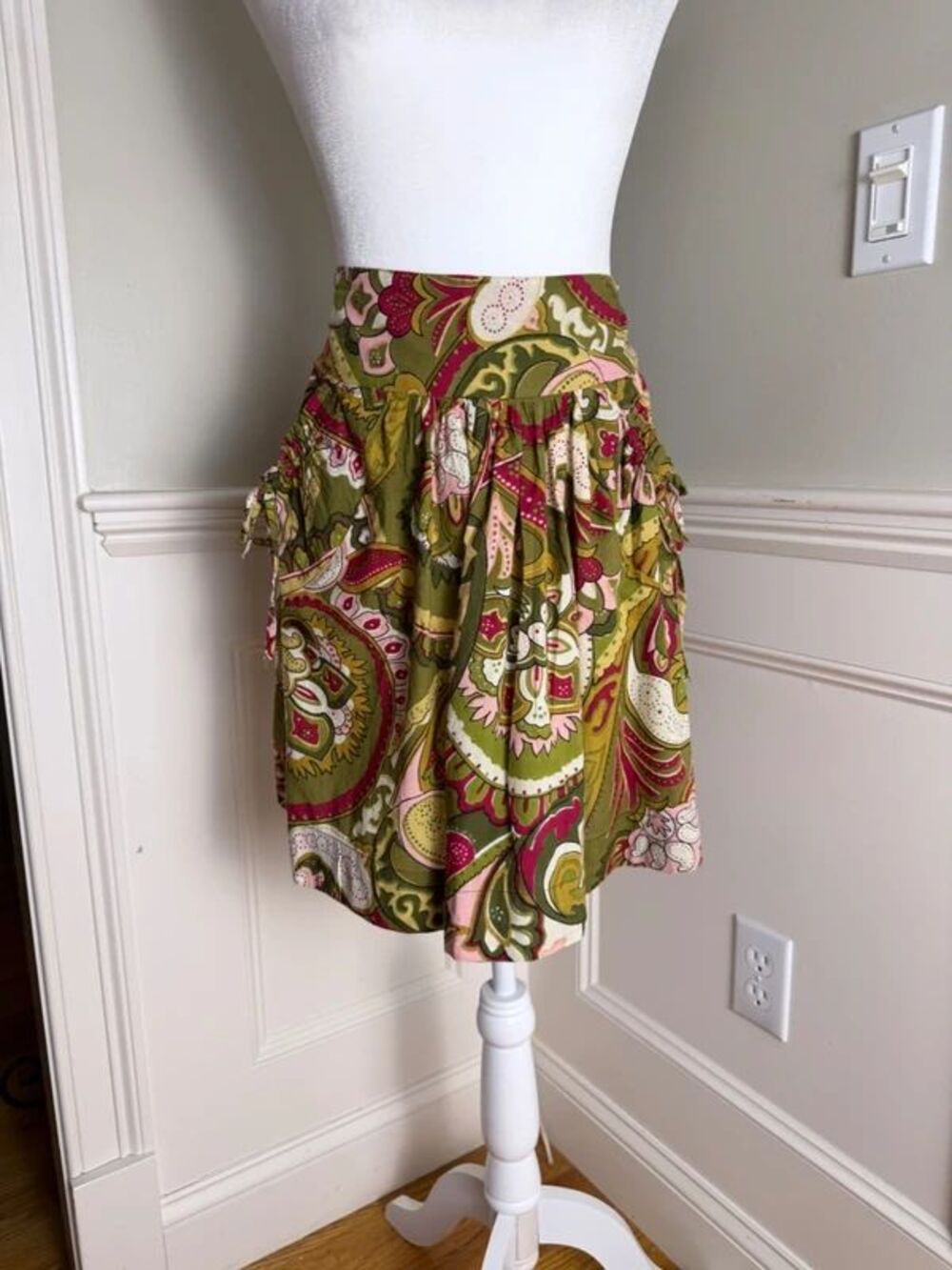 Willow & Clay Olive Green Pink Paisley Full Skirt Size S